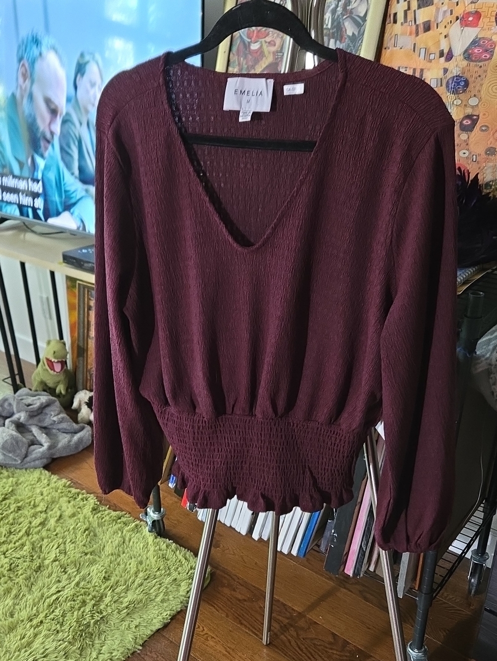 Women's Burgundy V-Neck Smocked Waist Sweater